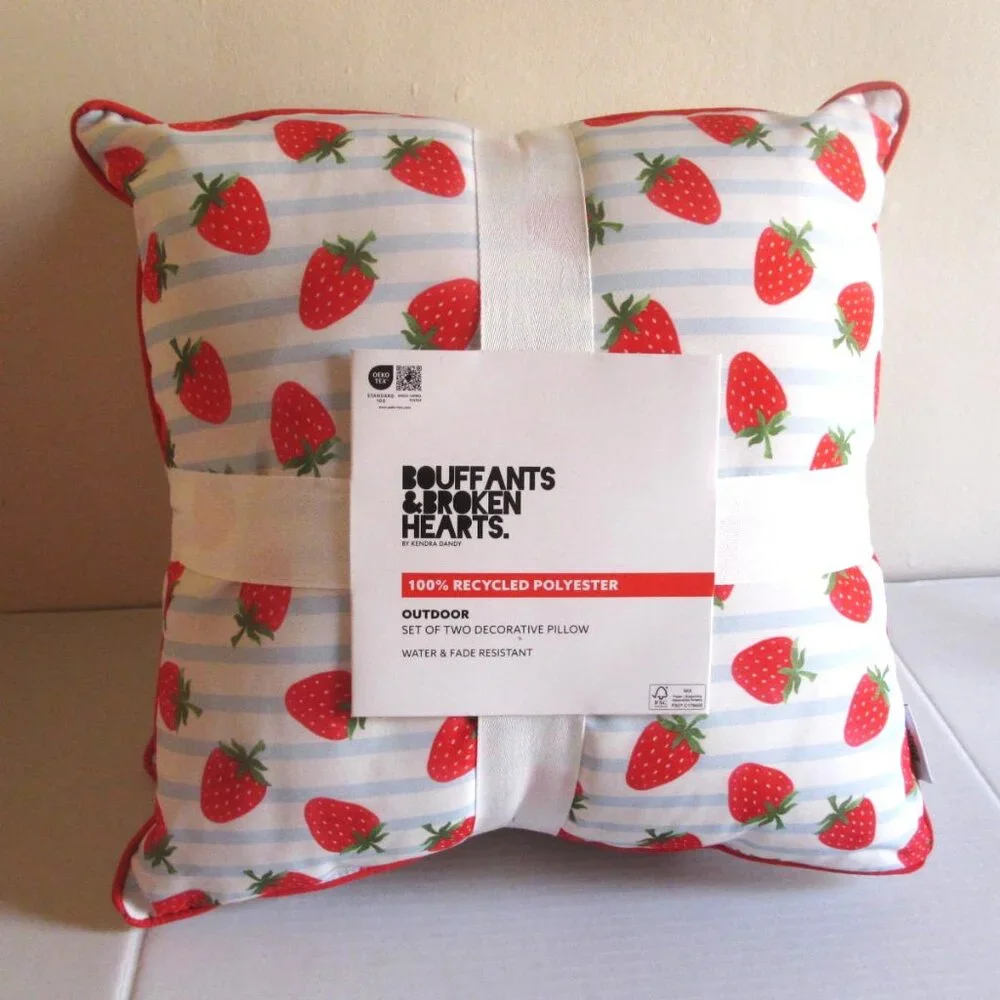 2 x Bouffants And Broken Hearts Pillows Strawberries Blue Stripes Indoor Outdoor